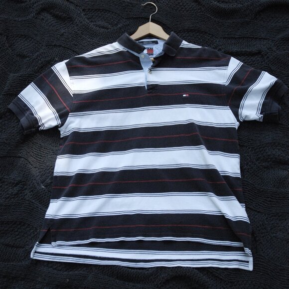 1990s- Tommy Hilfiger Striped Polo T- Shirt Size L - Picture 1 of 3
